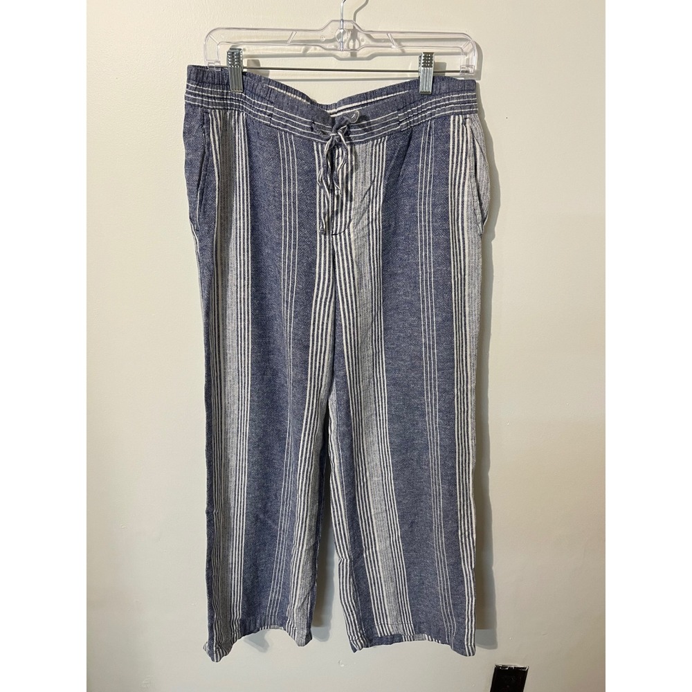Old Navy Blue White Striped Linen Blend Drawstring Wide Leg Pants Womens Medium